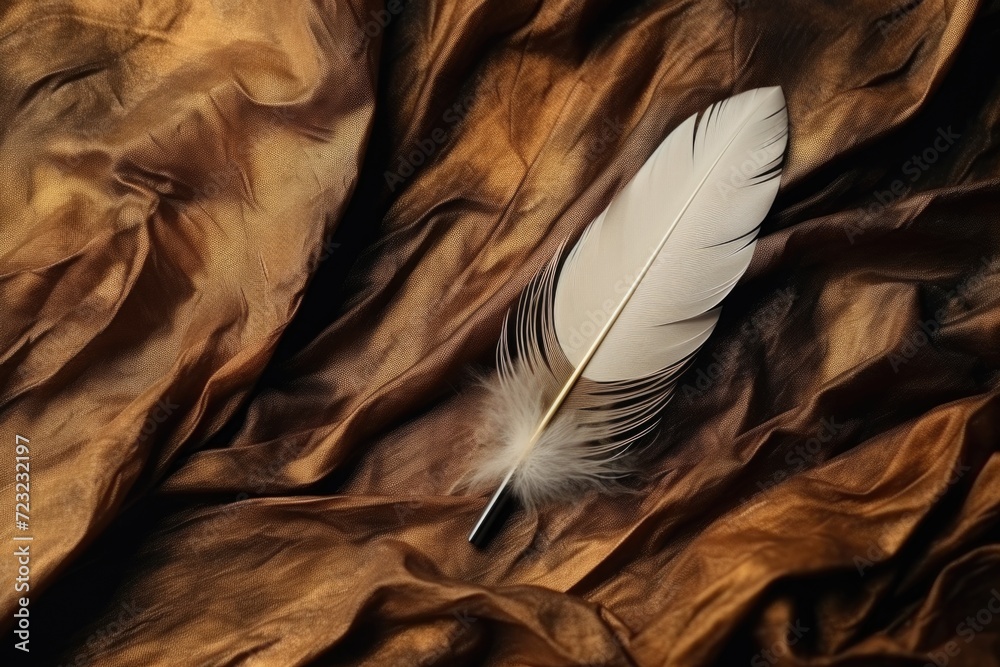 Poster A white feather delicately rests on top of a brown cloth. This versatile image can be used to add a touch of elegance and softness to various projects