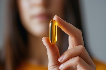 A woman holds in her hand a yellow transparent capsule with vitamin D or omega-3 in close-up minimalsm