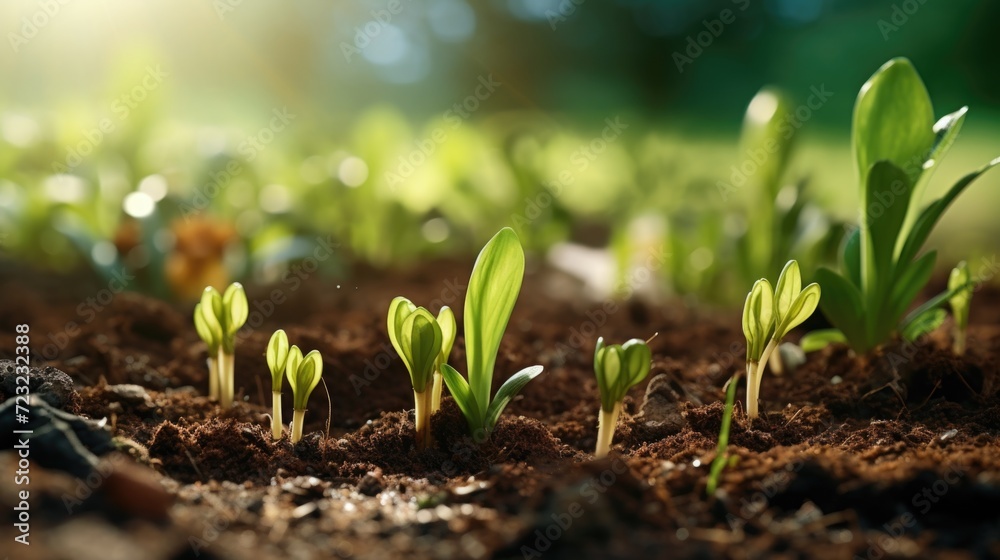 Poster a close-up view of a bunch of plants growing in dirt. this image can be used to depict concepts rela