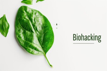 Overhead shot of a fresh green leaf with 'Biohacking' text, symbolizing natural wellness