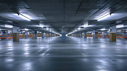 An unused parking garage with multiple levels and stark lighting completely empty.