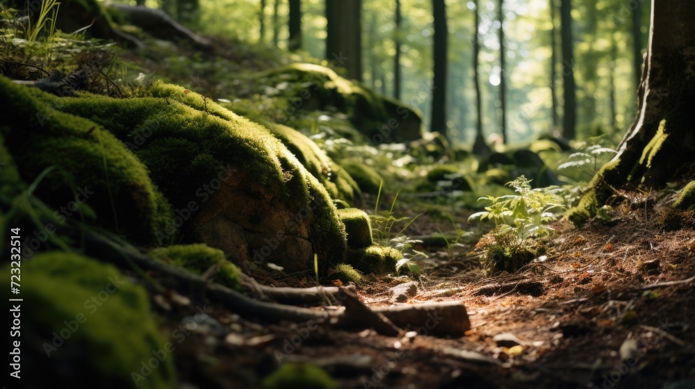 Poster a picture of a forest with moss growing on the ground. perfect for nature-themed projects and design