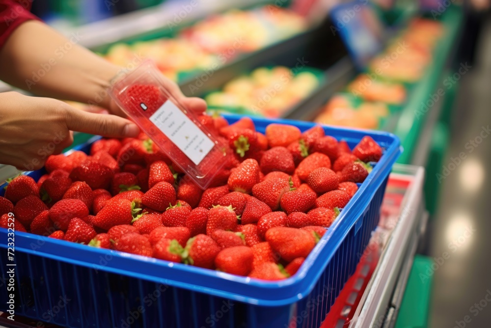 Poster a person is seen picking up a container of fresh strawberries. this image can be used to depict harv