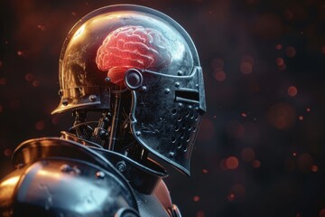 A conceptual art piece featuring a knight's helmet with an exposed glowing brain, symbolizing mental fortitude
