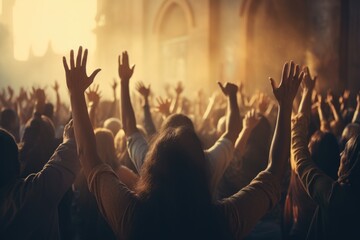 A vibrant image of a crowd of people raising their hands in the air. Perfect for illustrating...