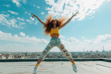 Dance, art and hip hop with woman on rooftop in city for youth, gen z and happy lifestyle. Health,...