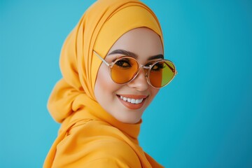 Joyful Muslim woman in vibrant yellow hijab and trendy sunglasses, blue backdrop.