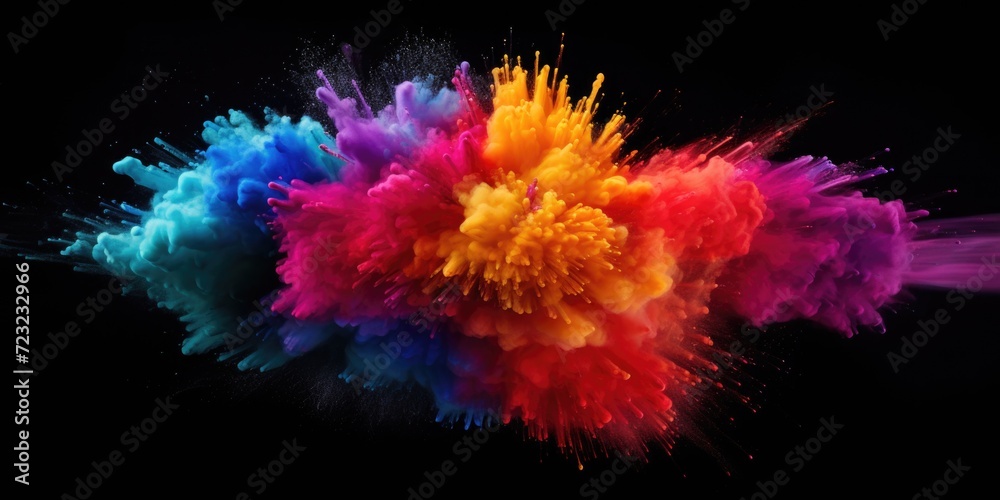 Poster a vibrant explosion of colorful powder on a dark black background. this image can be used to add a b