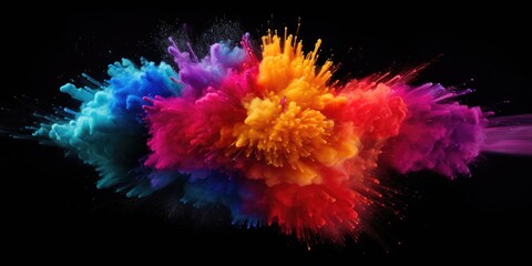 A vibrant explosion of colorful powder on a dark black background. This image can be used to add a burst of energy and excitement to any project