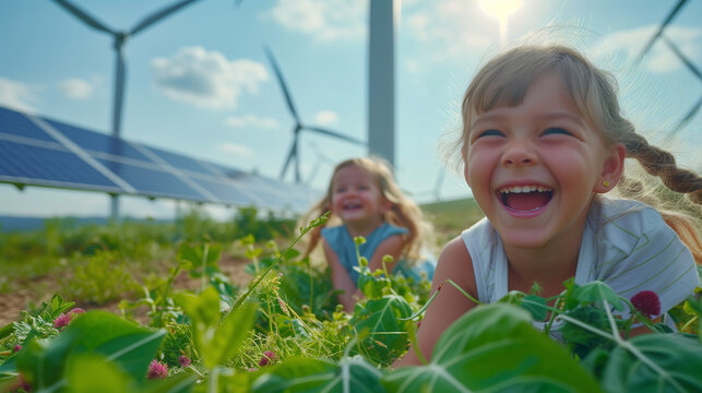 Children playing happily in a green area with clean energy generators