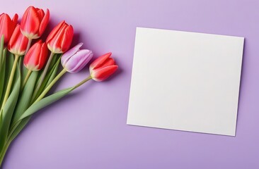 tulip flower bouquet, empty piece of paper card on light purple background. Copy space for text.