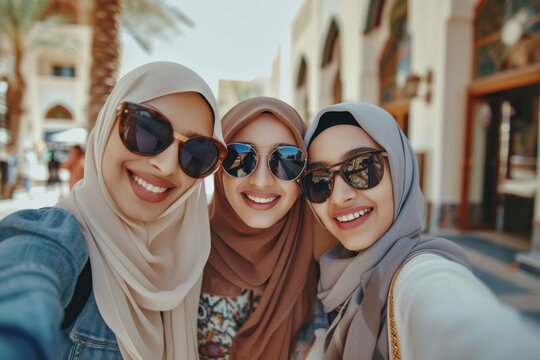Selfie, muslim people and friends with sunglasses in city for social media, influencer content creation or fashion blog. Happy gen z women in Saudi Arabia, emoji profile picture or online photography