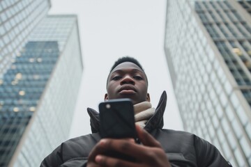 Young African American man using a smartphone in the urban environment