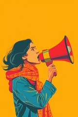 Illustration of a determined woman passionately speaking through a megaphone