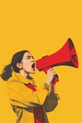 Woman, megaphone and gen z protest of speech, announcement and noise sound. Feminist broadcast voice for human rights, justice and fight of gender equality