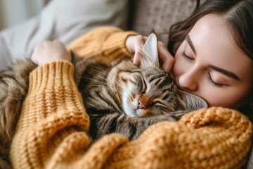 Intimate portrait of a woman in a cozy sweater hugging her beloved tabby cat