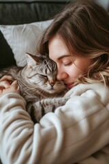 woman in pajama hugging and scratching cute scottish fold cat while resting on couch in living room at home