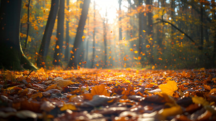 A colorful autumn forest with a carpet of fallen leaves and sunbeams piercing through the trees.
