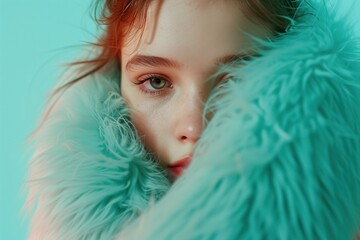 Young fashion stylish teenage girl wearing faux fur look on camera on trendy vegan minimalist creative modern art collage aqua menthe background, zine culture, healthy living concept