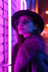Young hipster girl in stylish glasses and fur standing in purple neon lights on a street wall, teenage female photo model posing in a night city, purple bright club glow, back to the 80's