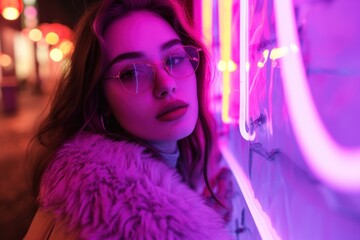 Young hipster girl in stylish glasses and fur standing in purple neon lights on a street wall, teenage female photo model posing in a night city, purple bright club glow, back to the 80's