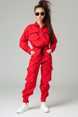 Fashionable woman in a striking red jumpsuit and sunglasses poses confidently