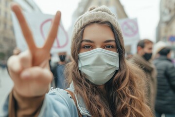 Young mixed race woman wearing face mask showing peace sign during city street protest â€“ Hipster female protesting outdoor for human rights while people holding unity sign in background