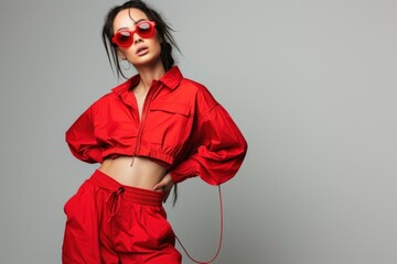 young model in red trendy outfit and sunglasses posing with hands in pockets isolated on grey
