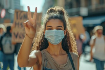A young, masked protester flashes a peace sign during a demonstration