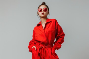 young model in red trendy outfit and sunglasses posing with hands in pockets isolated on grey