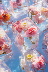 Beautiful frozen flowers in ice cubes on blue background. Summer floral composition.