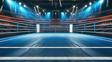Empty professional boxing ring in arena with bright lights and empty seats, evoking anticipation - obrazy, fototapety, plakaty