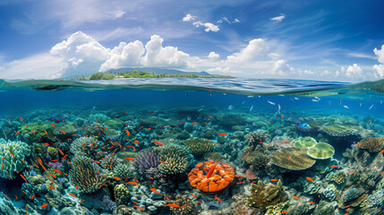A coral reef teeming with colorful marine life under crystal clear waters. - obrazy, fototapety, plakaty