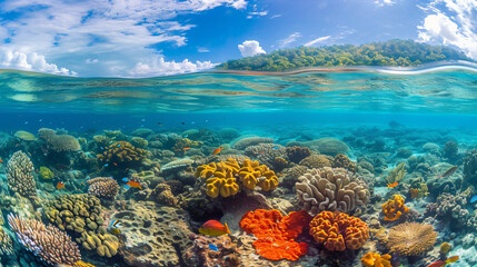 A coral reef teeming with colorful marine life under crystal clear waters.