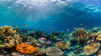 A coral reef teeming with colorful marine life under crystal clear waters.