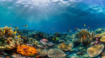 Fototapeten A coral reef teeming with colorful marine life under crystal clear waters. © Legano