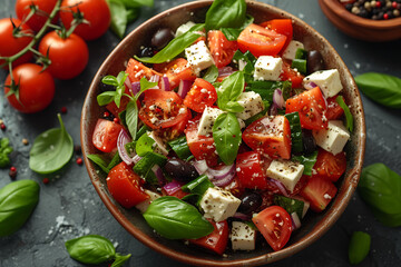 Greek salad with fresh vegetables , healthy food, flat lay 