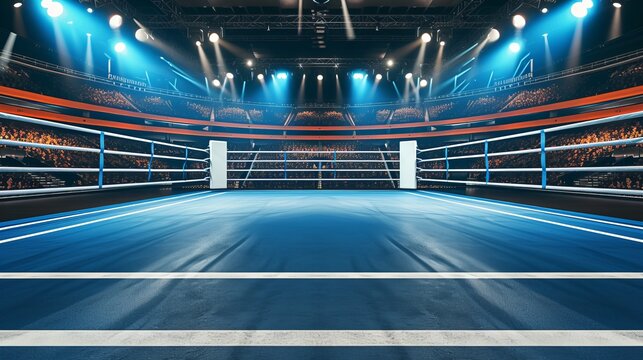 Empty professional boxing ring in arena with bright lights and empty seats, evoking anticipation
