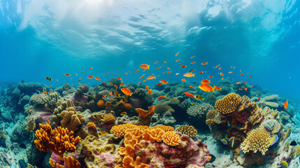 Fototapeta na wymiar A coral reef teeming with marine life underwater.