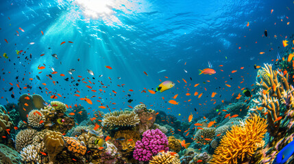 Fototapeta na wymiar A coral reef teeming with marine life underwater.