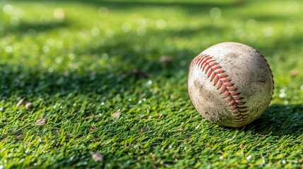 Vibrant close up of baseball ball on lush green field under beautiful natural sunlight