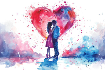 Obraz premium Wedding couple in love in watercolor style. Watercolor illustration on a white background. Valentine's Day or wedding day. Copy space