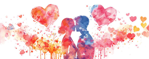 Wedding couple in love in watercolor style. Watercolor illustration on a white background. Valentine's Day or wedding day. Copy space