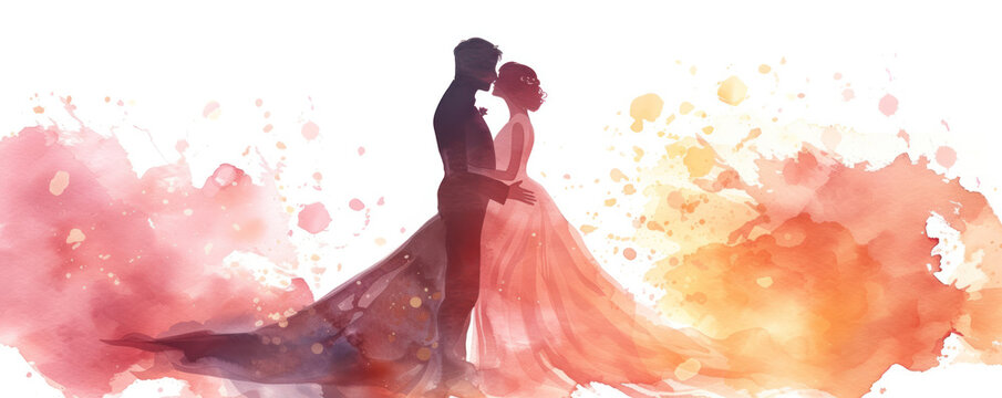 Wedding couple in love in watercolor style. Watercolor illustration on a white background. Valentine's Day or wedding day. Copy space