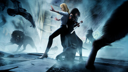 Two girls, one blonde, the other brunette with a spear, they are fighters standing in the middle of a dark foggy street surrounded by giant wolves. 3d rendering.