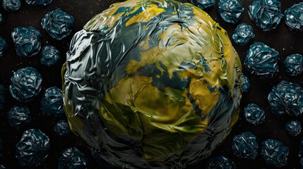 Obraz premium Planet earth made from plastic bags. View from space to earth. The problem of environmental pollution