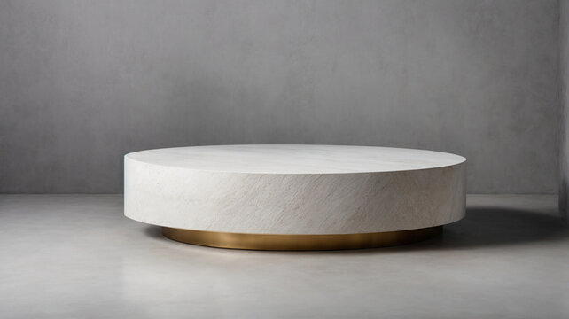 White round stone podium with gilding on white table with gray wall background. High quality photo

