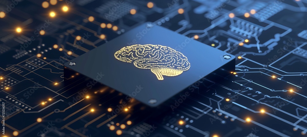 Poster shining brain icon on cpu with interactive holographic security elements and copy space