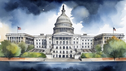 Fototapeta na wymiar USA capitol building at night watercolor
