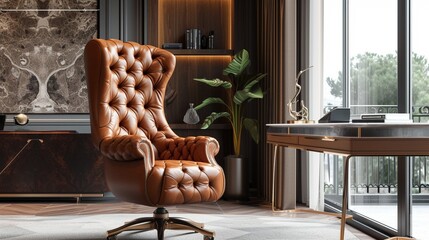 A sophisticated executive chair with a superior leather construction that radiates comfort in a corner office environment.